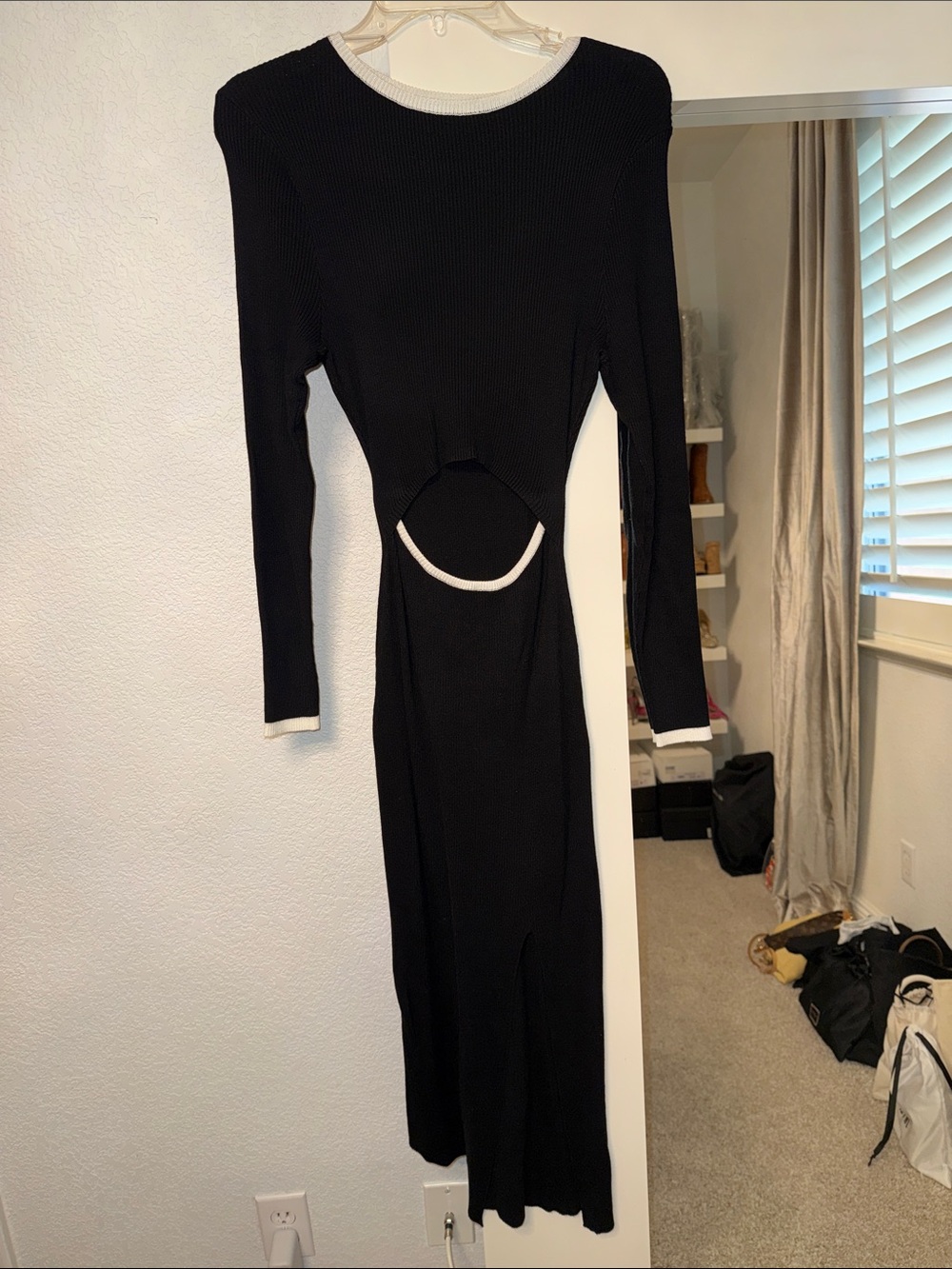 Amazon Black Long Sleeve Cutout Maxi Dress with White Trim